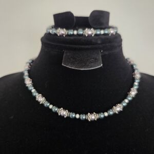 Elegant Swarovski Pearls with Sterling Silver Beaded Necklace and Bracelet Set